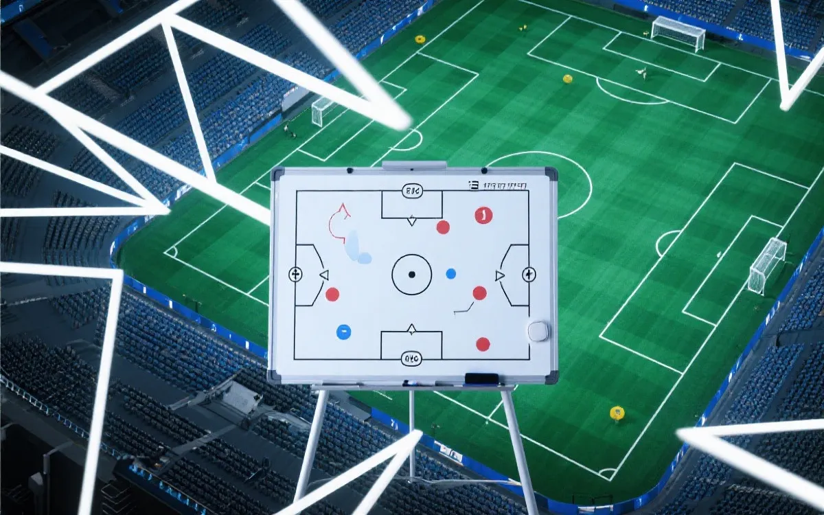 现代足球战术板与球场俯视图的视觉合成，体现压迫与空间控制